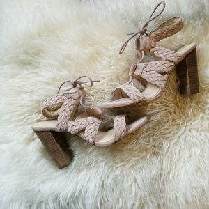 Nude suede lace-up heels